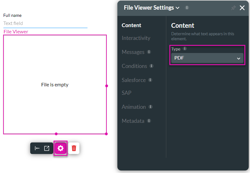 Screenshot of the file viewer element settings menu 