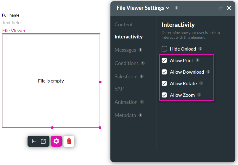 Screenshot of the file viewer element settings interactivity tab 