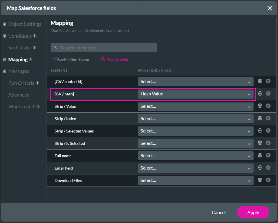 Screenshot of Map Salesforce Fields showing the Mapping tab 