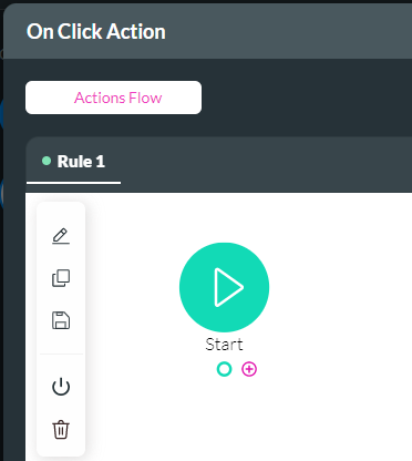 Screenshot of on Click Action window showing add node button 