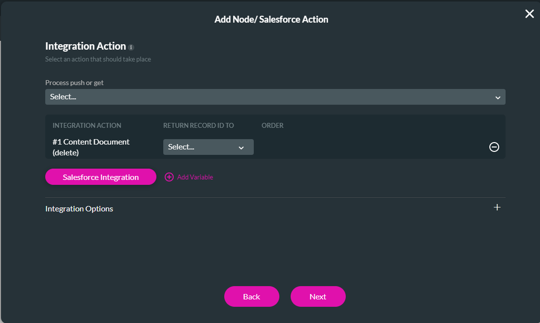 Screenshot showing how to select the configured Salesforce action 