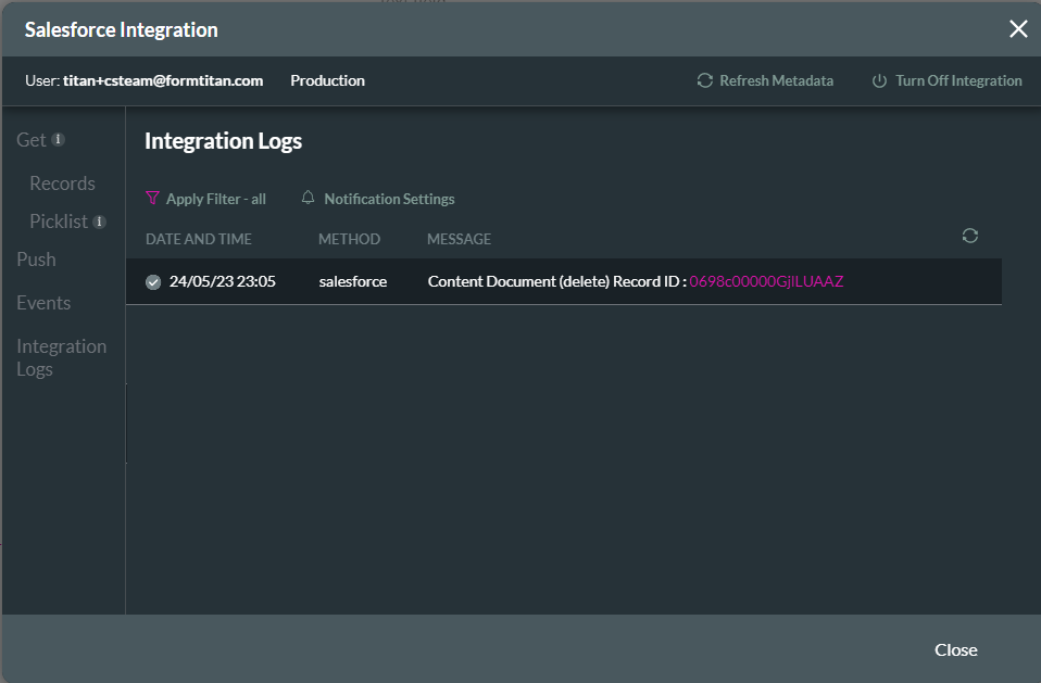 Screenshot of Salesforce Integrations window 