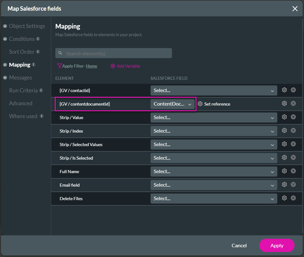 Screenshot of Map Salesforce Fields window showing Mapping tab 