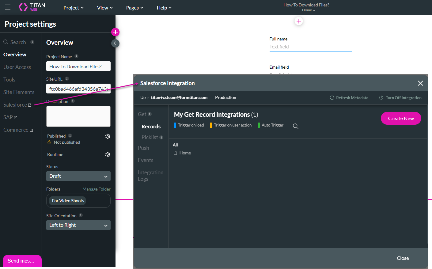 Screenshot showing how to navigate to the Salesforce Integration window 