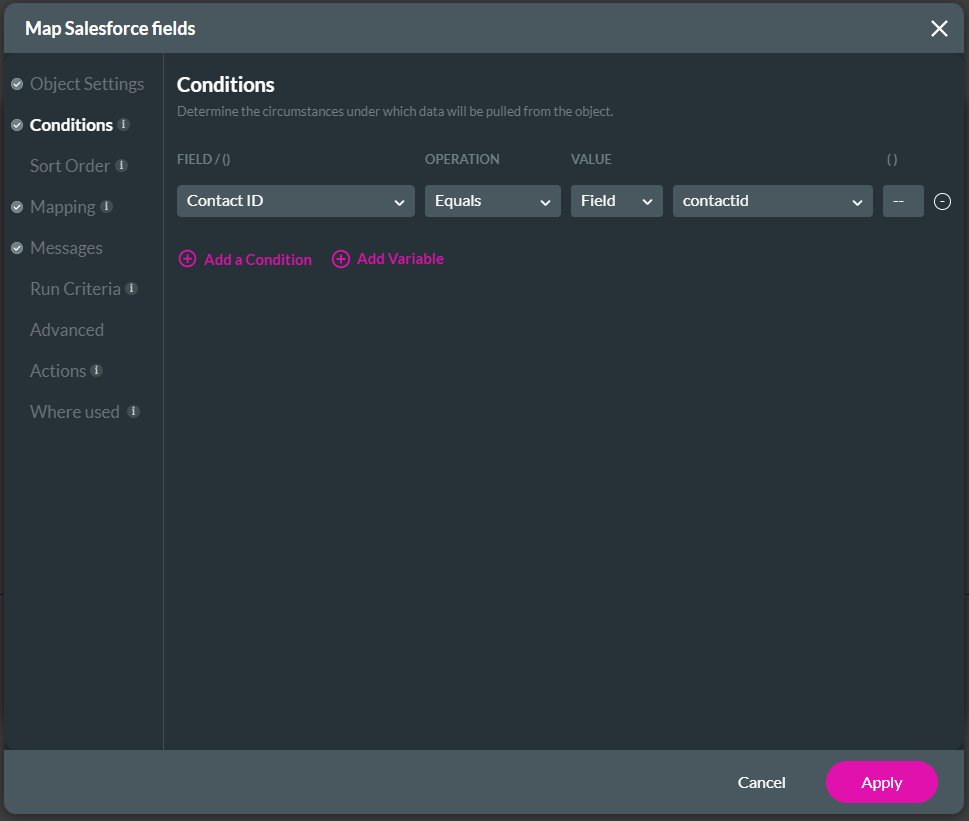 Screenshot of Map Salesforce Fields window showing Conditions tab 