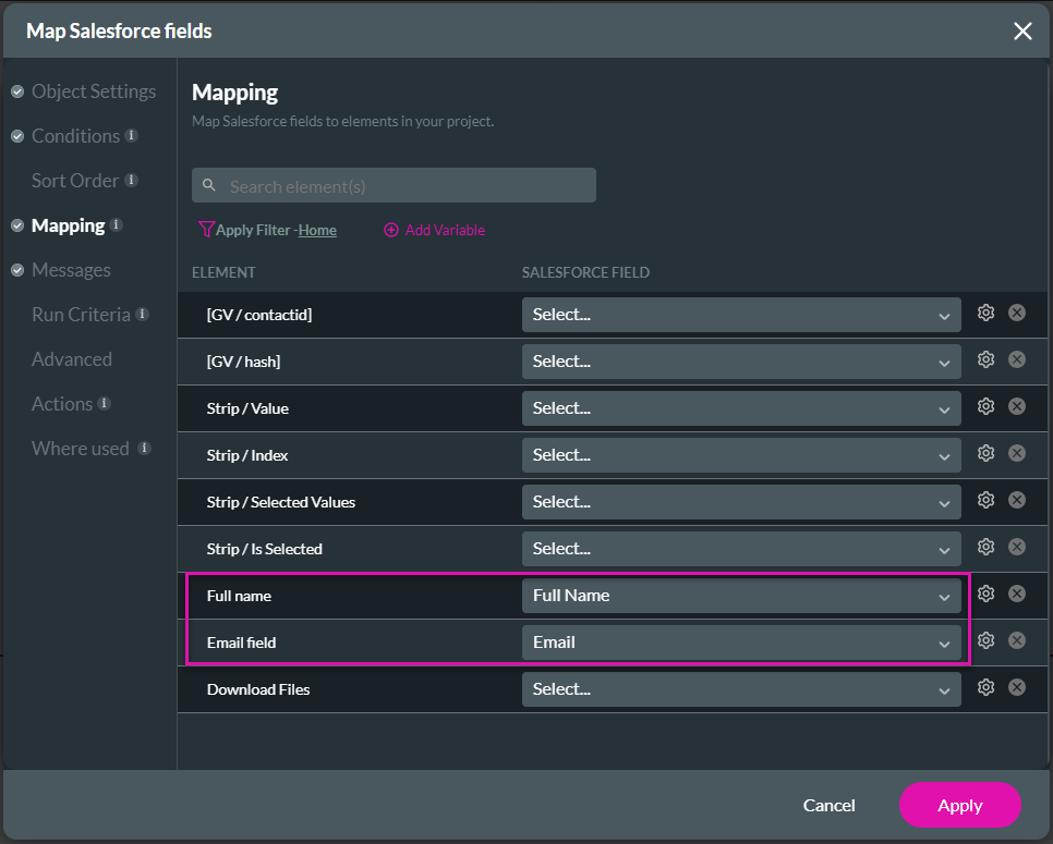 Screenshot of Map Salesforce Fields window showing Mapping tab 