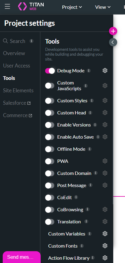 Screenshot of the Titan project settings showing how to enable debug mode 