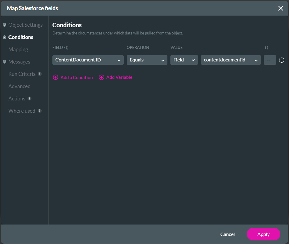 Screenshot of Map Salesforce Fields showing the Conditions tab 