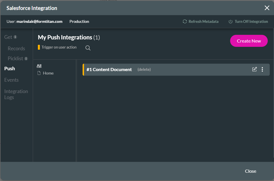 Screenshot of the Salesforce Integrations window showing My Push tab 