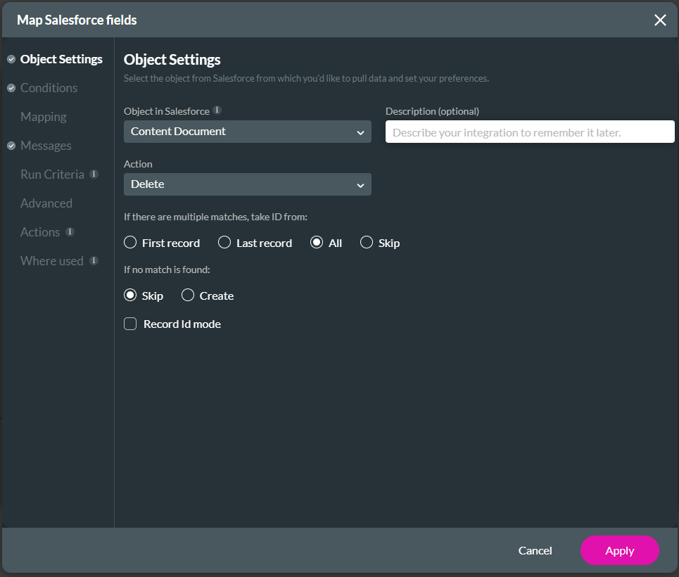 Screenshot of Map Salesforce Fields showing the Object Settings tab 