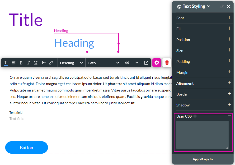 Screenshot of Text Styling menu displaying user CSS window 