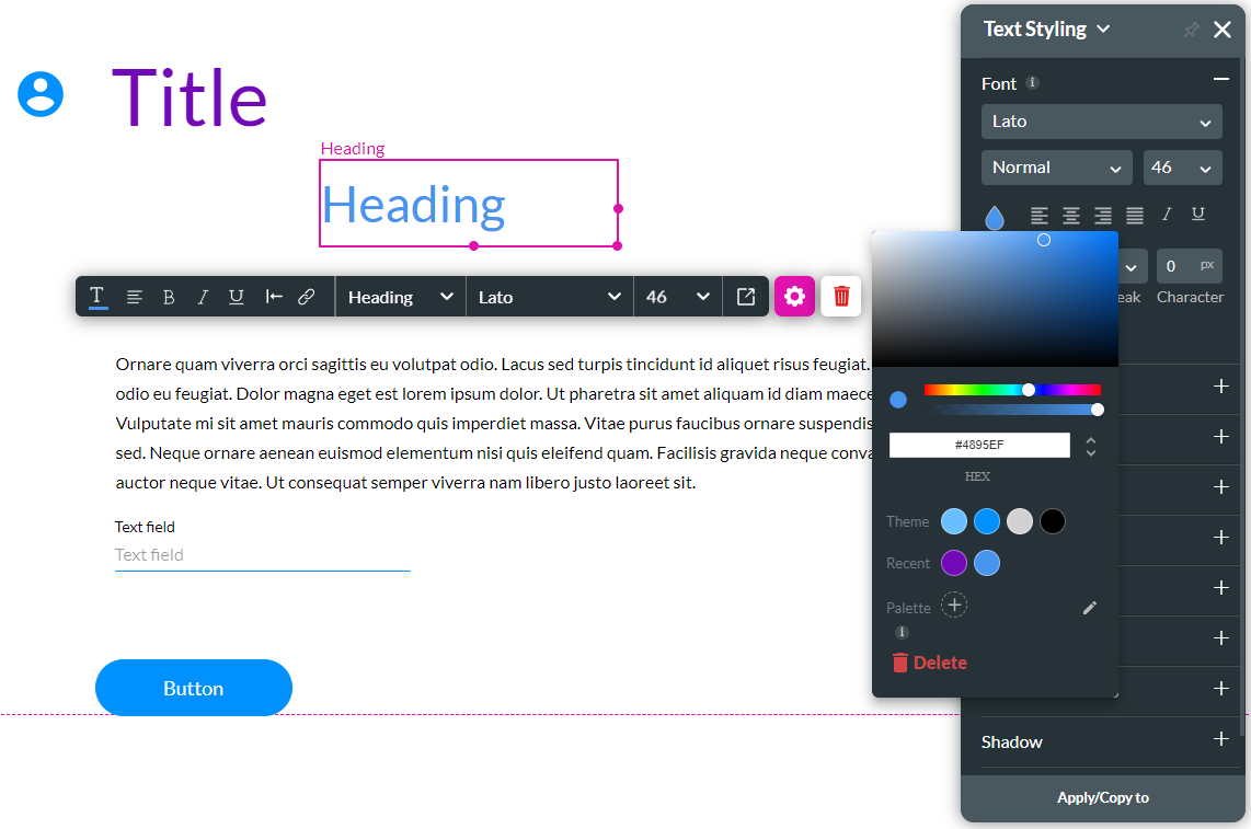 Screenshot of Text Styling menu showing how to update the font color 