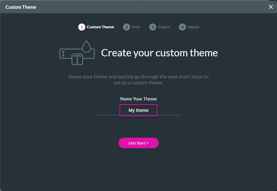 Screenshot of Custom Theme window showing Custom Theme step 