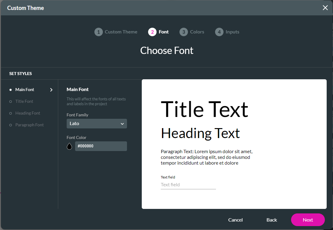 Screenshot of Custom Theme window showing Font step 