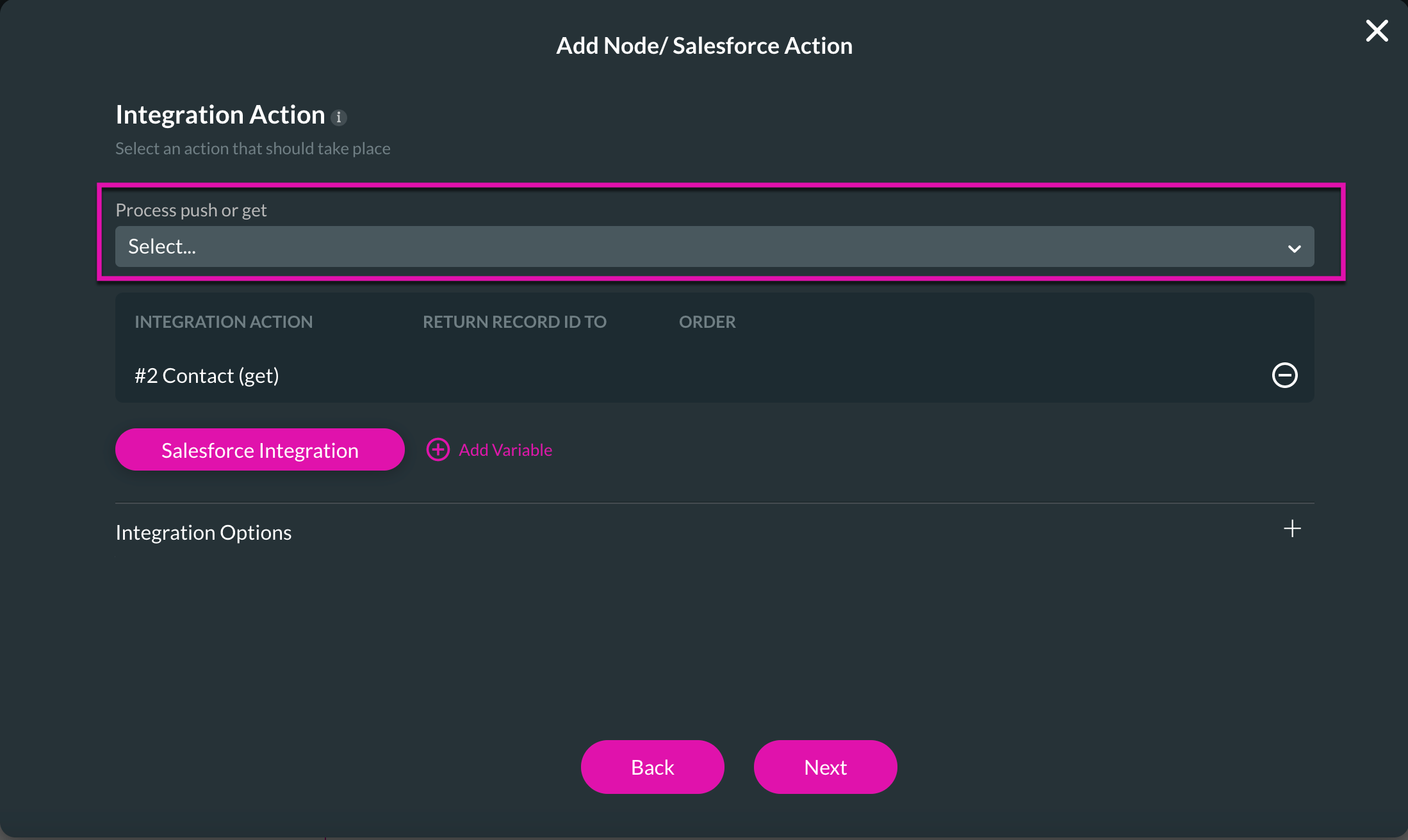 Screenshot of the Add Node Salesforce Action window showing how to select a configured push or get 