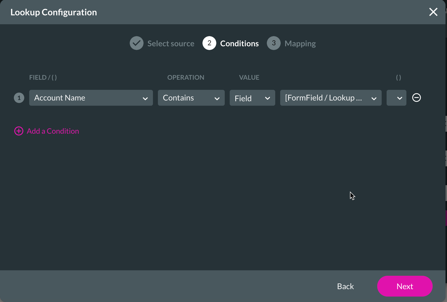 Screenshot of the look up configuration window showing the conditions step 