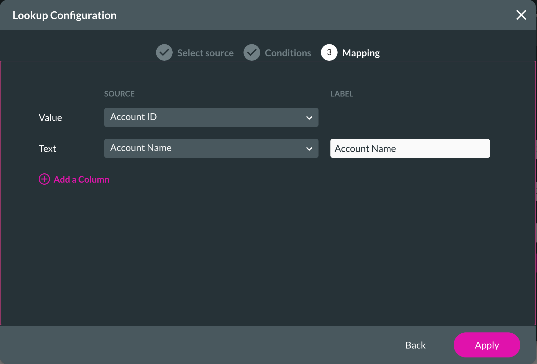 Screenshot of the look up configuration window showing the mapping step 