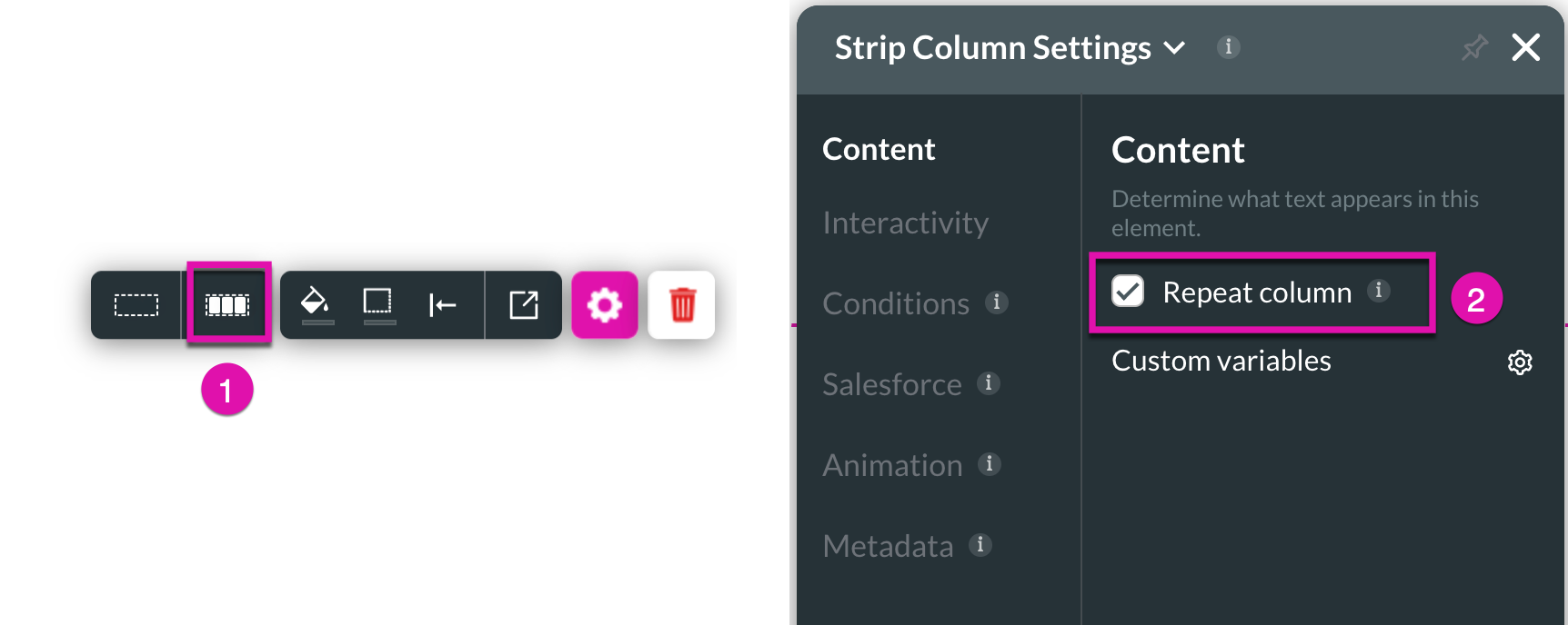 Screenshot showing how to enable the repeat column feature 