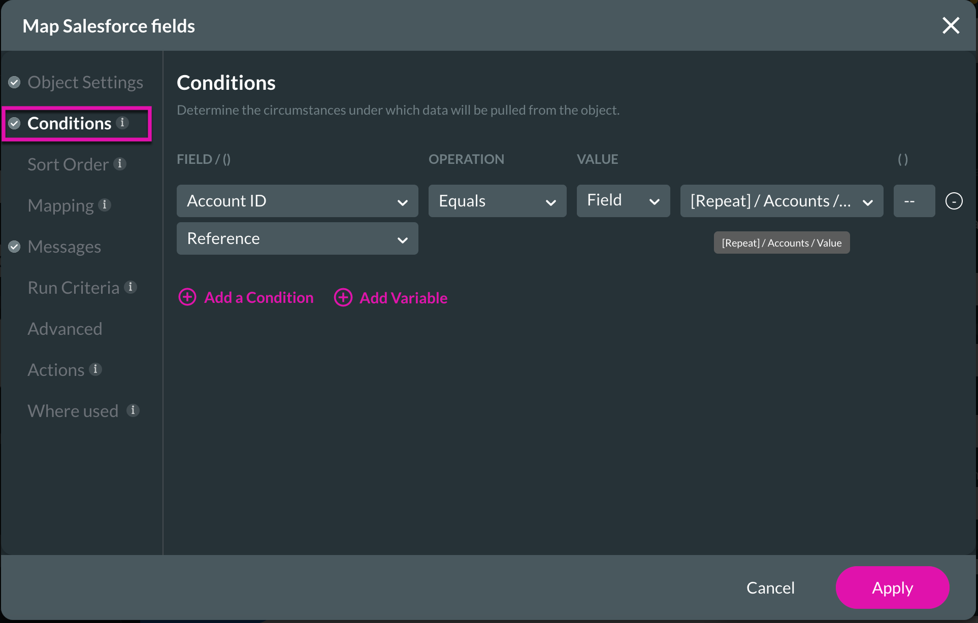 Screenshot of Map Salesforce Fields window showing Conditions tab 