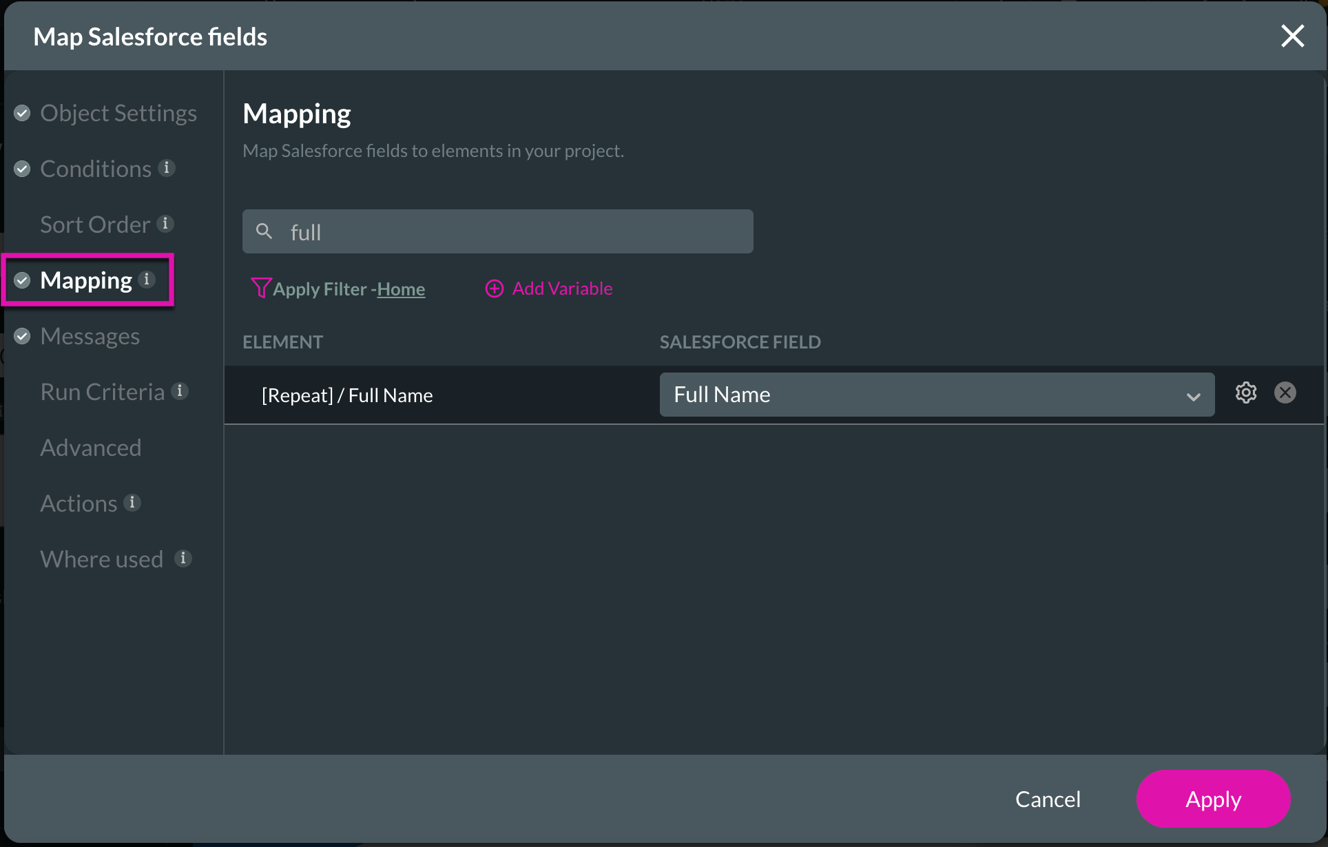 Screenshot of Map Salesforce Fields window showing Mapping tab 