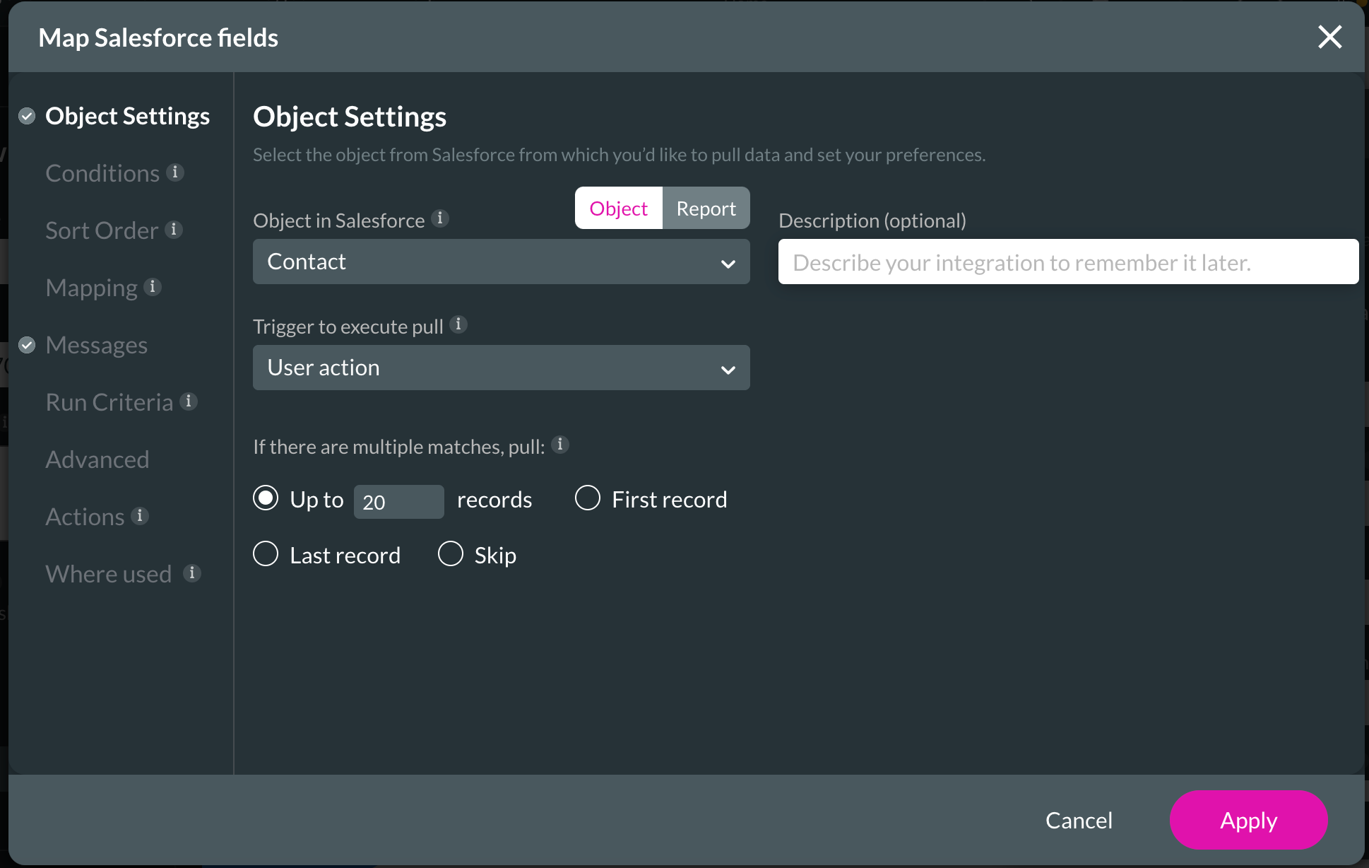 Screenshot of Map Salesforce Fields window showing Object Settings tab 