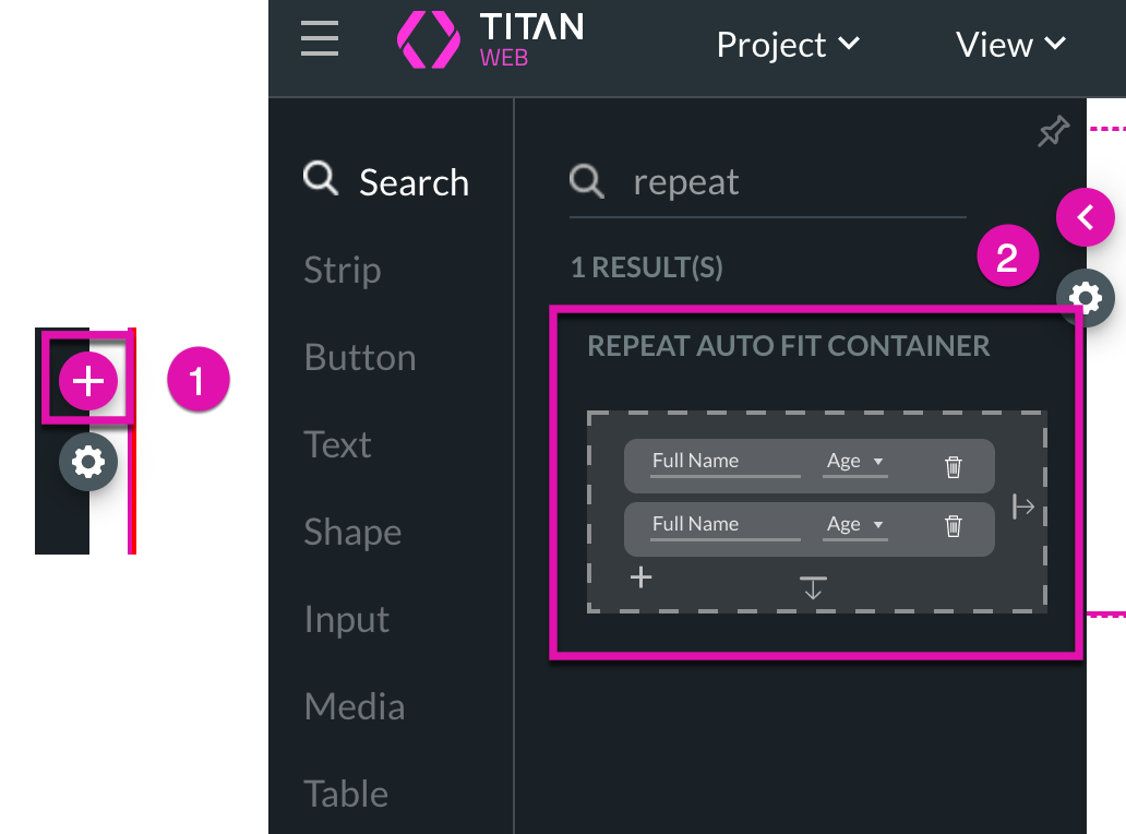 Screenshot of the element menu showing how to insert a repeat auto fit container 