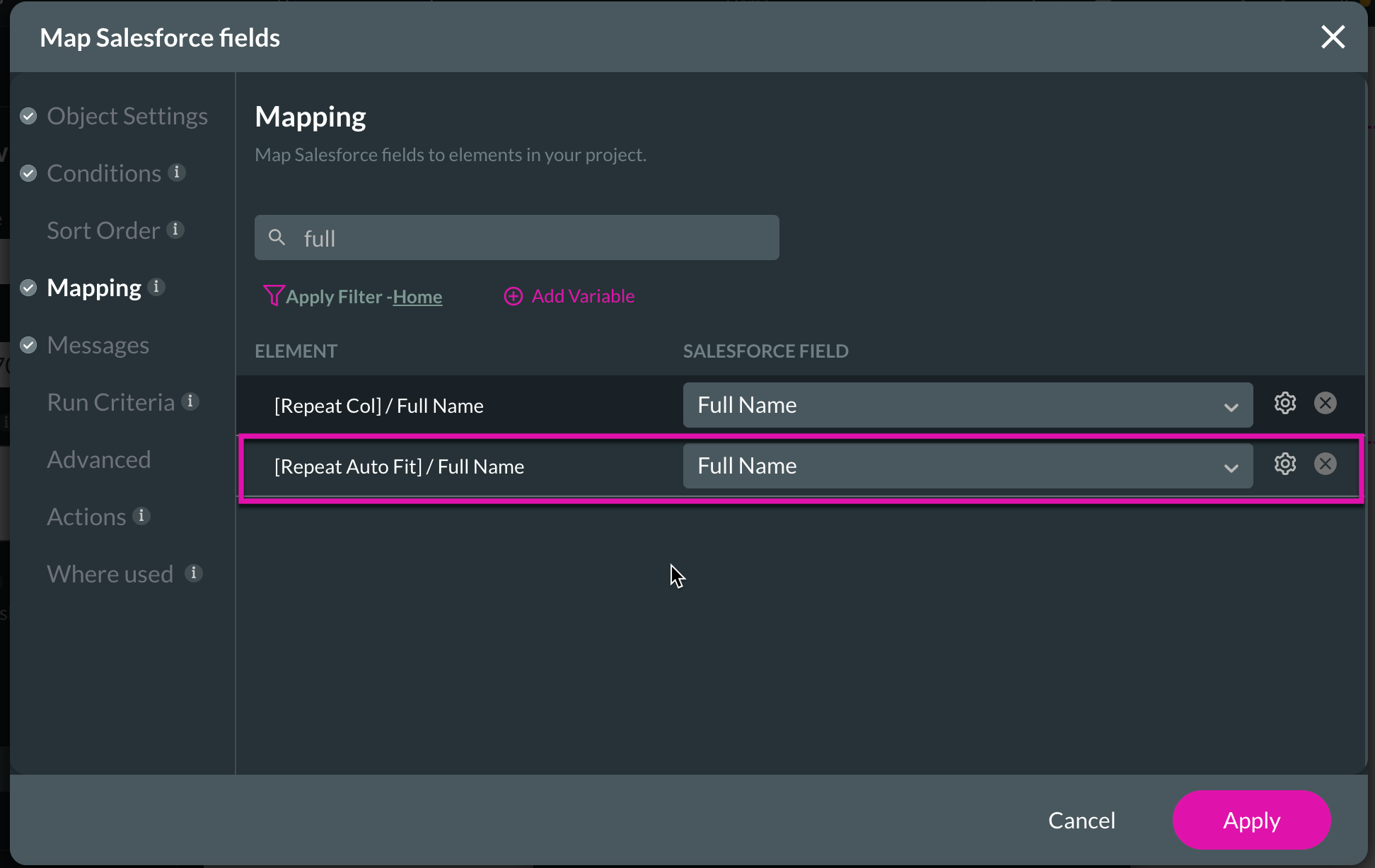 Screenshot of Map Salesforce Fields window displaying Mapping tab 