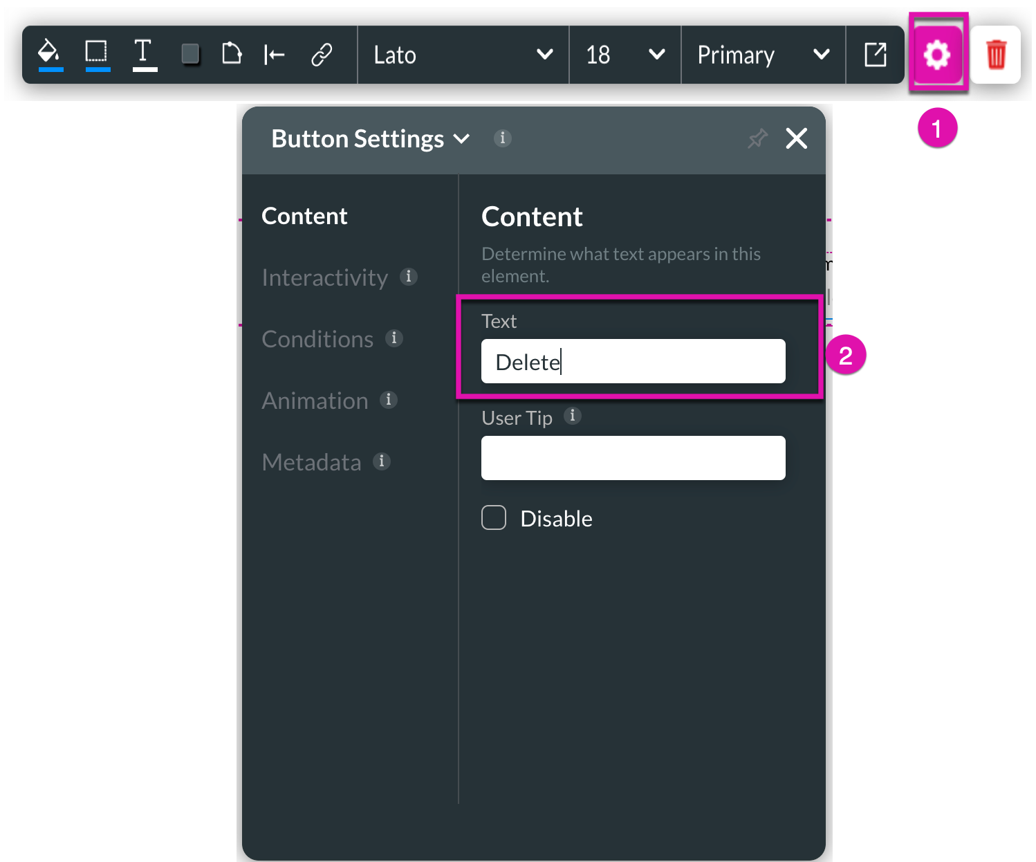 content tab button element settings 