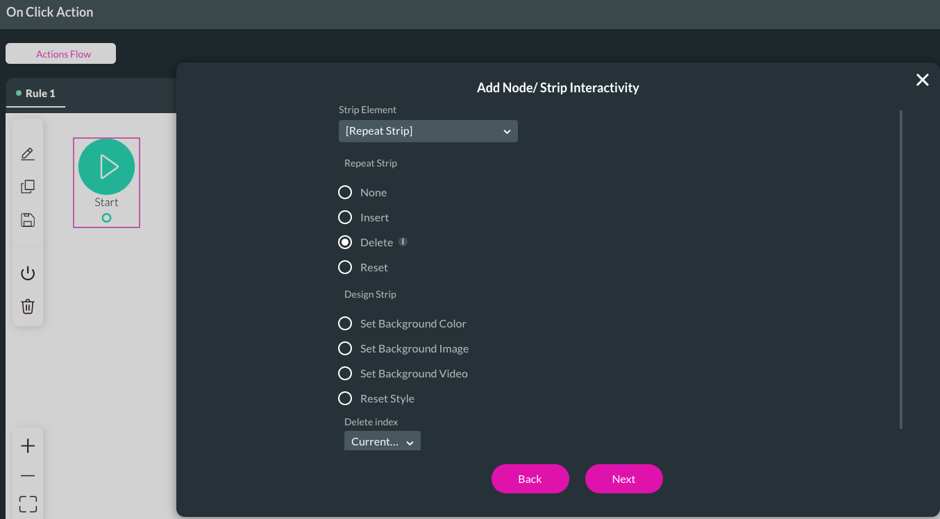 Screenshot of the On Click Action window with the Add Node Strip Interactivity screen overlayed 