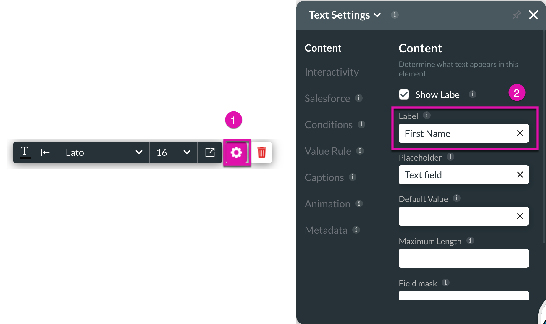 content tab text element setting menu 