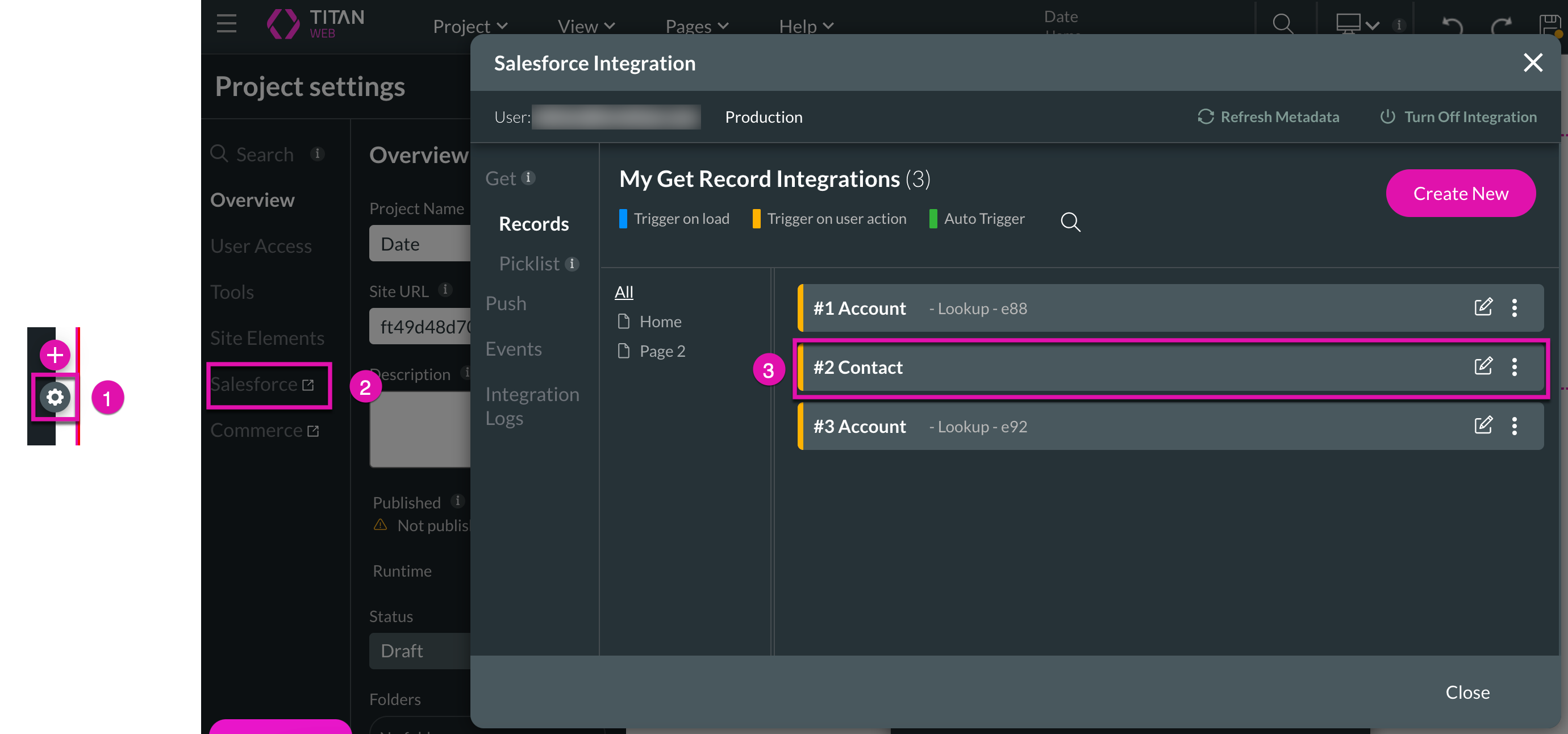 Screenshot showing how to navigate to the Salesforce Integration window 