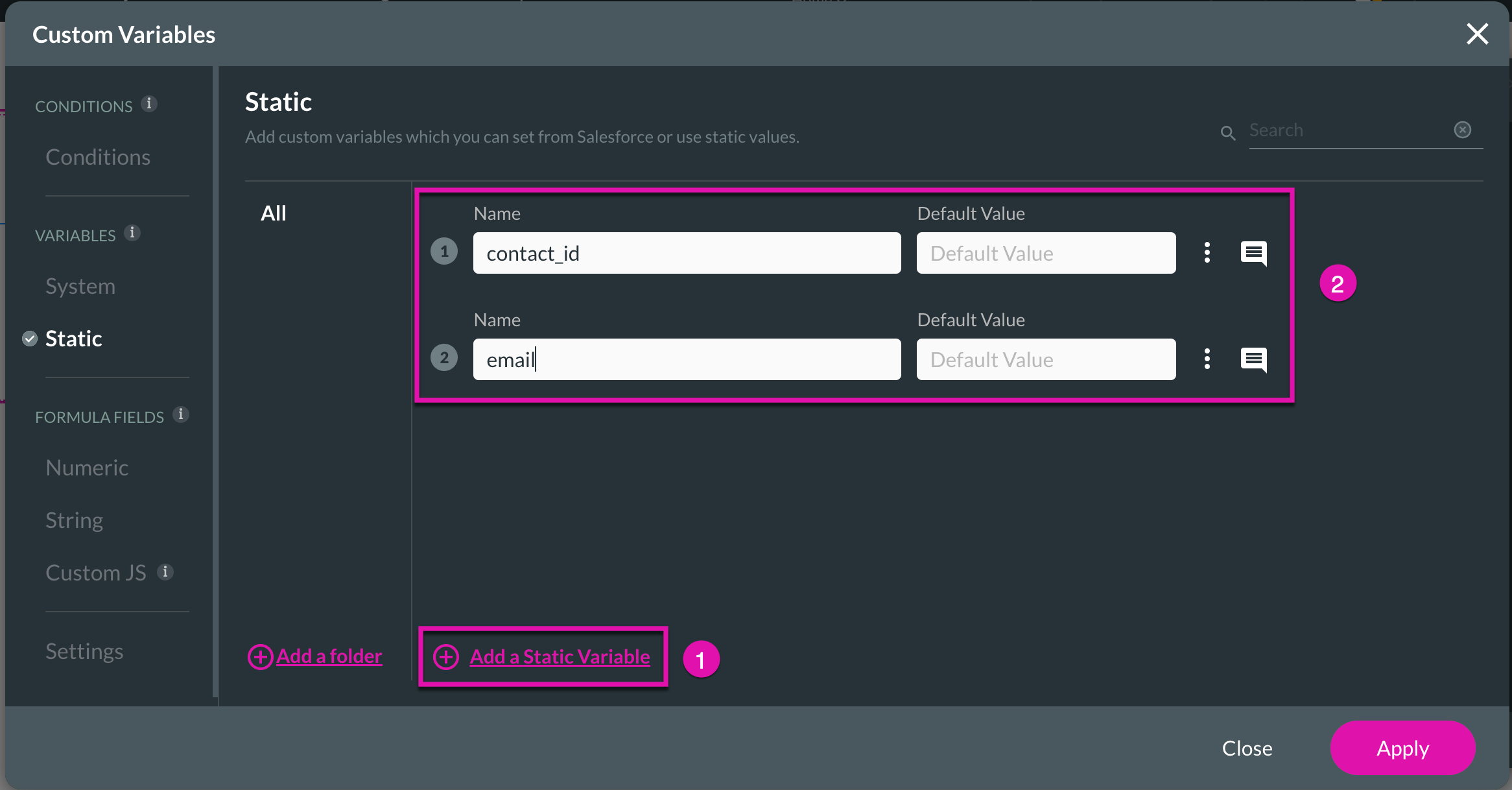 Screenshot of the Custom variables window displaying the static tab 