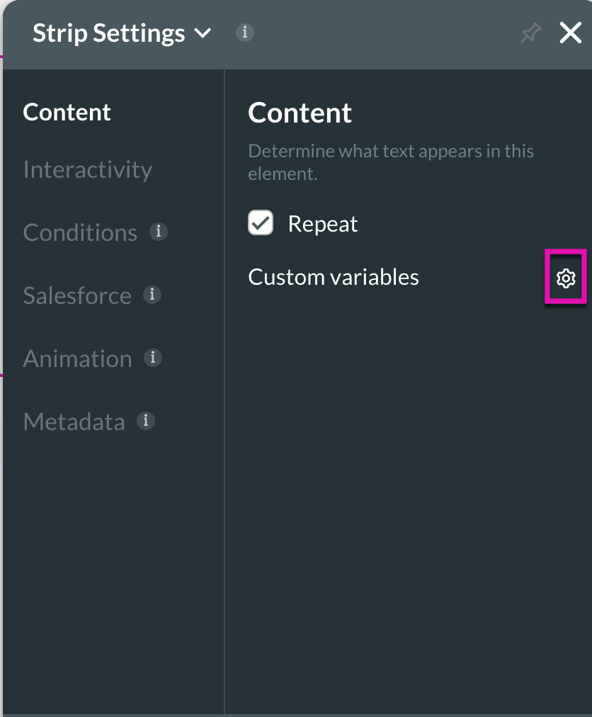 Screenshot of the strip settings menu showing the content tab