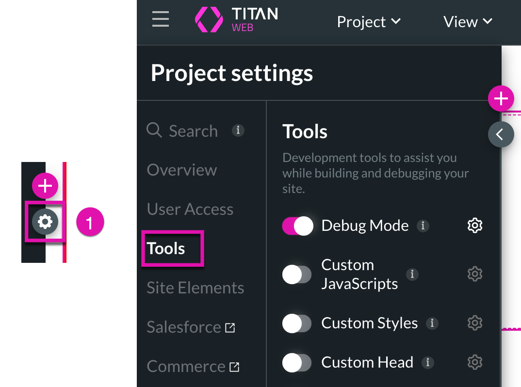 Screenshot displaying Titan project settings showing how to enable debug mode 