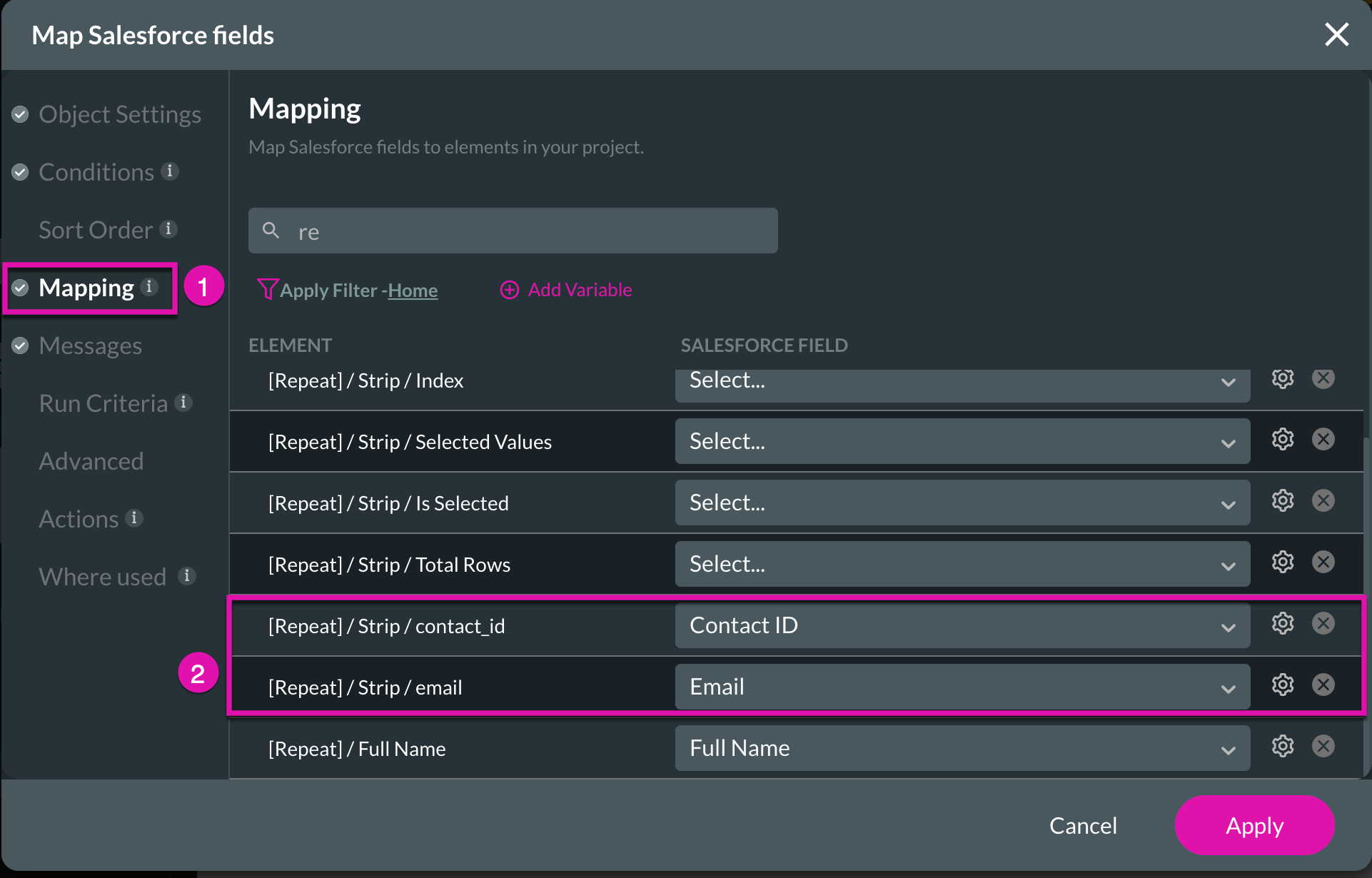 Screenshot of the Map Salesforce Fields window displaying the Mapping tab 