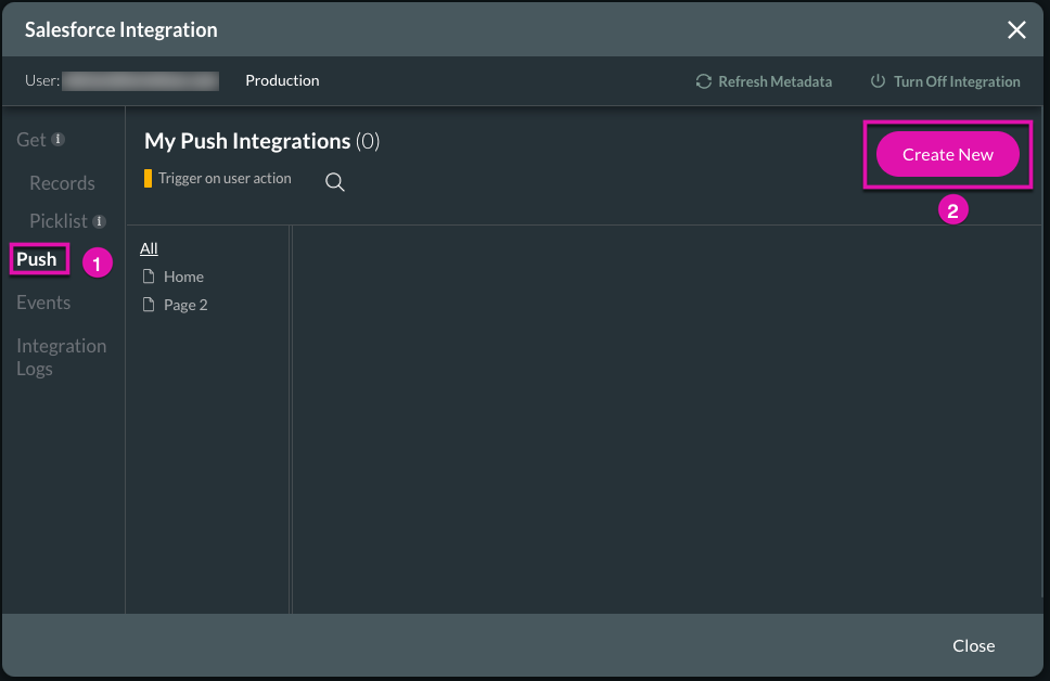 Screenshot of the Salesforce Integration window displaying the Push tab highlighting the Create New button