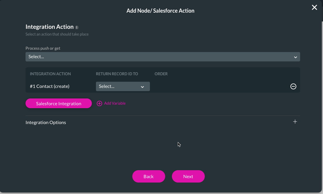 Screenshot of the Add Node Salesforce Action window displaying the selected Get 