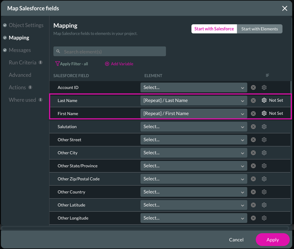 Screenshot of Map Salesforce fields window showing the Mapping tab 