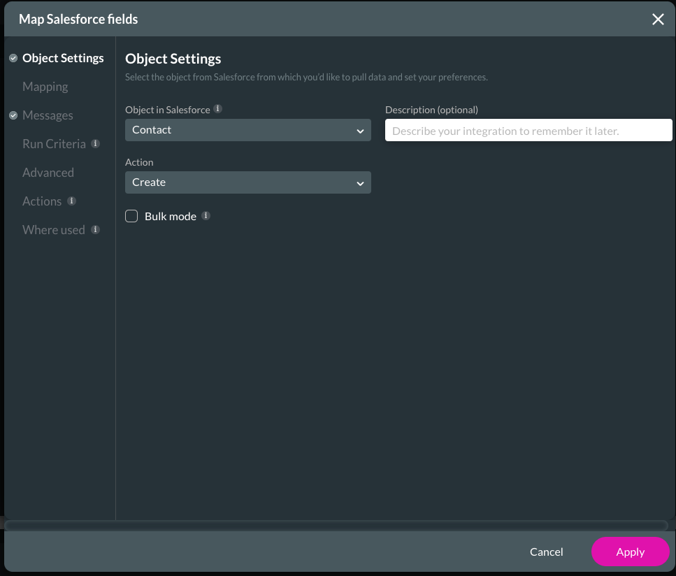 Screenshot of the Map Salesforce fields window showing the Object settings tab 