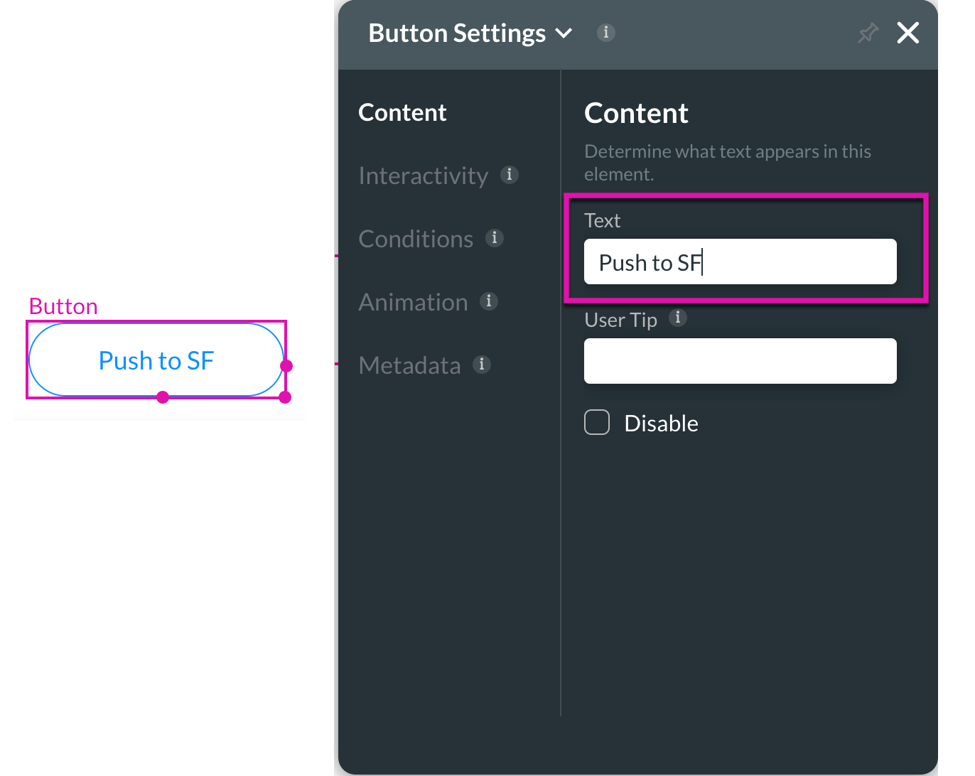 Screenshot of the button settings menu displaying the content tab 