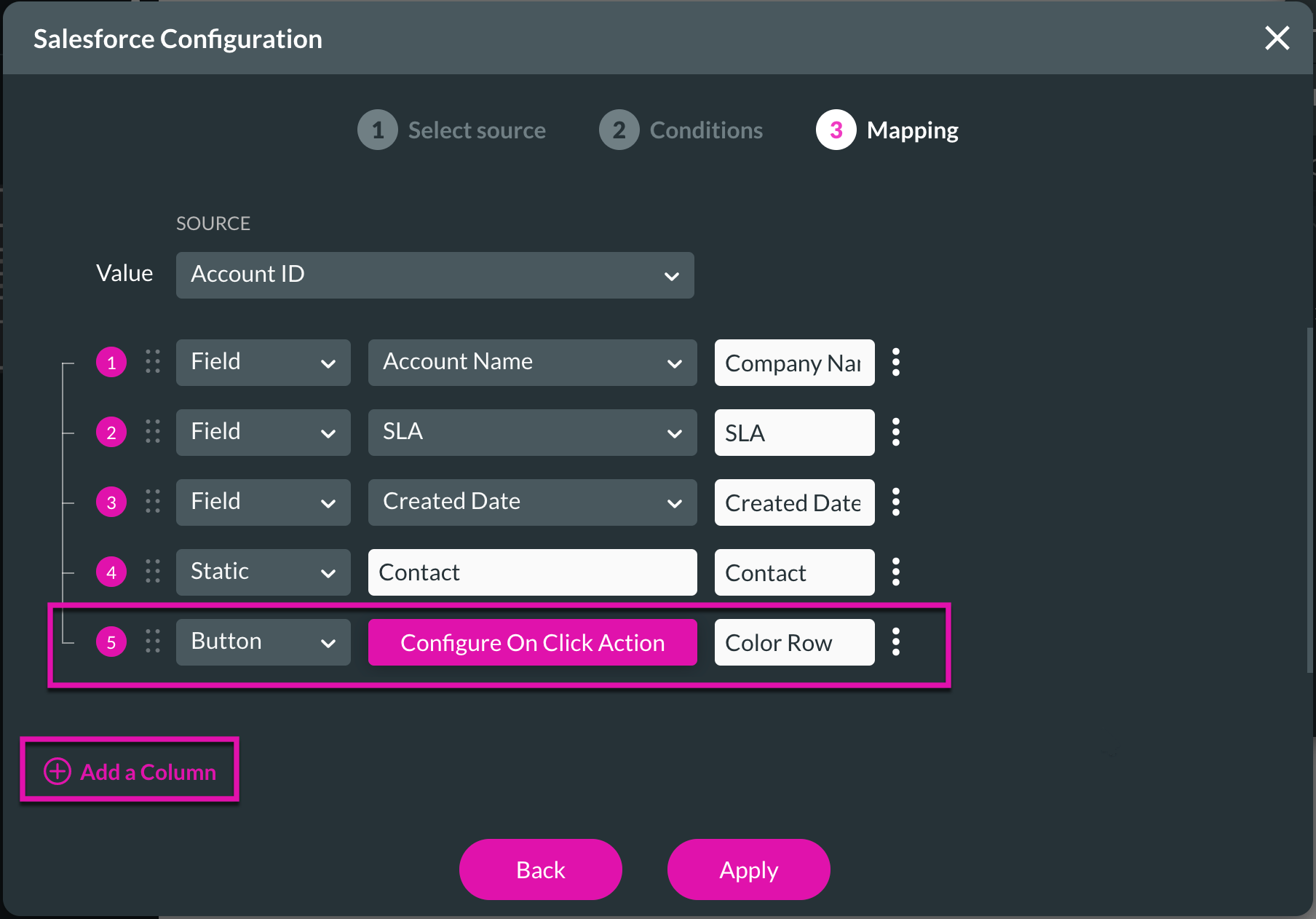 Screenshot of Salesforce Configuration window displaying the Mapping tab 