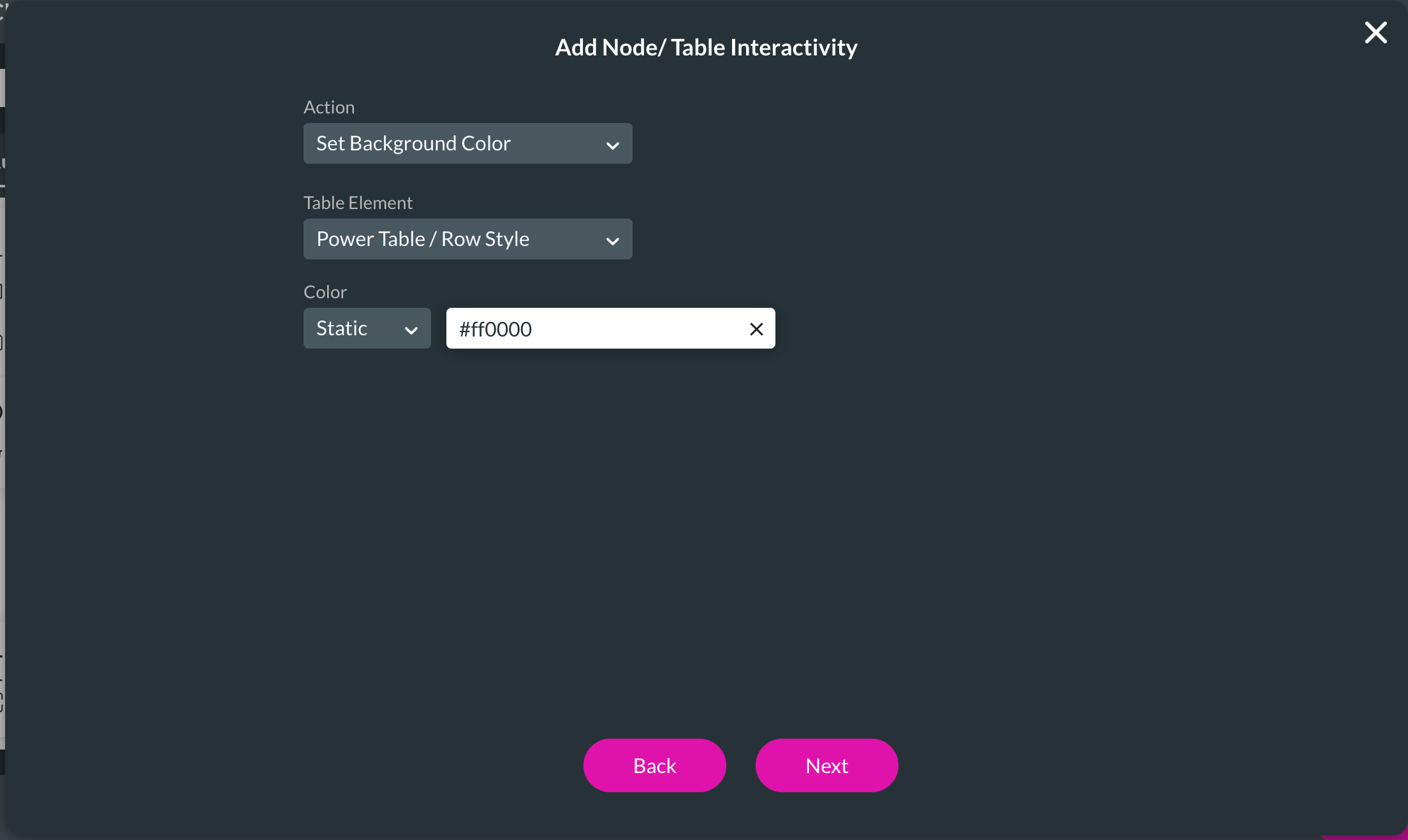 Screenshot of the Add Node Table Interacvitiy showing the configuration 