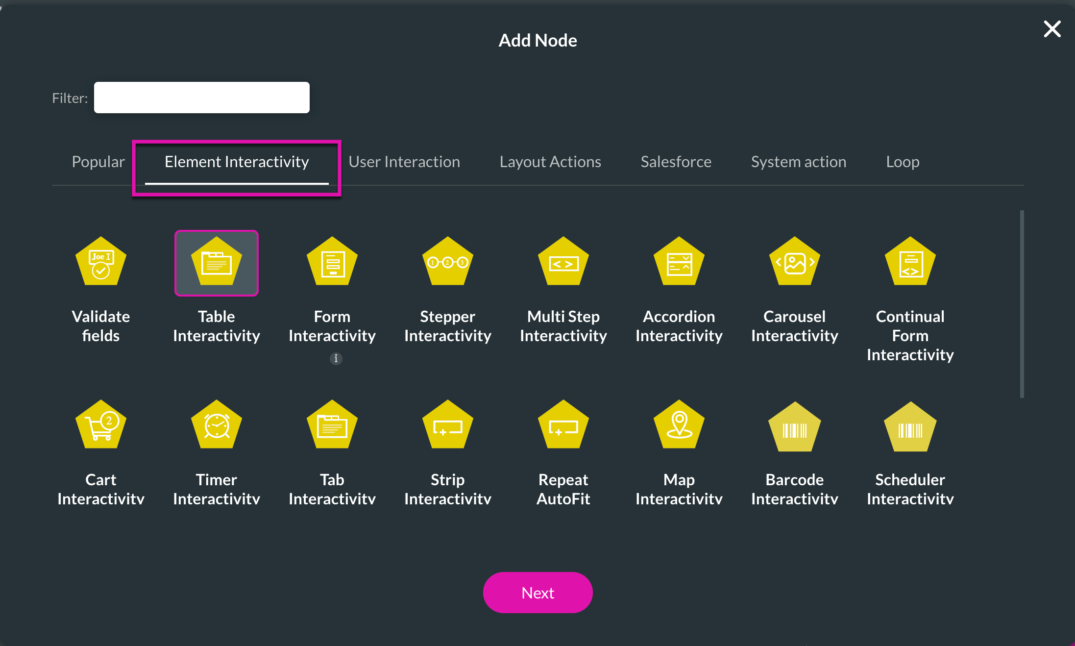 Screenshot of the Add Node window with the table interactivity node selected 