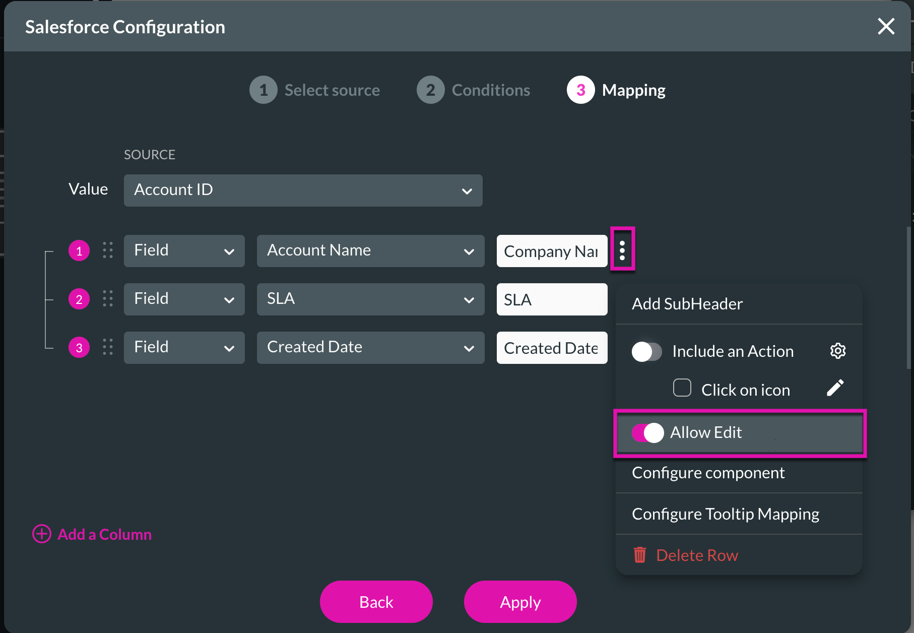 Screenshot of the Salesforce Configuration window displaying the Mapping step showing how to allow edit 