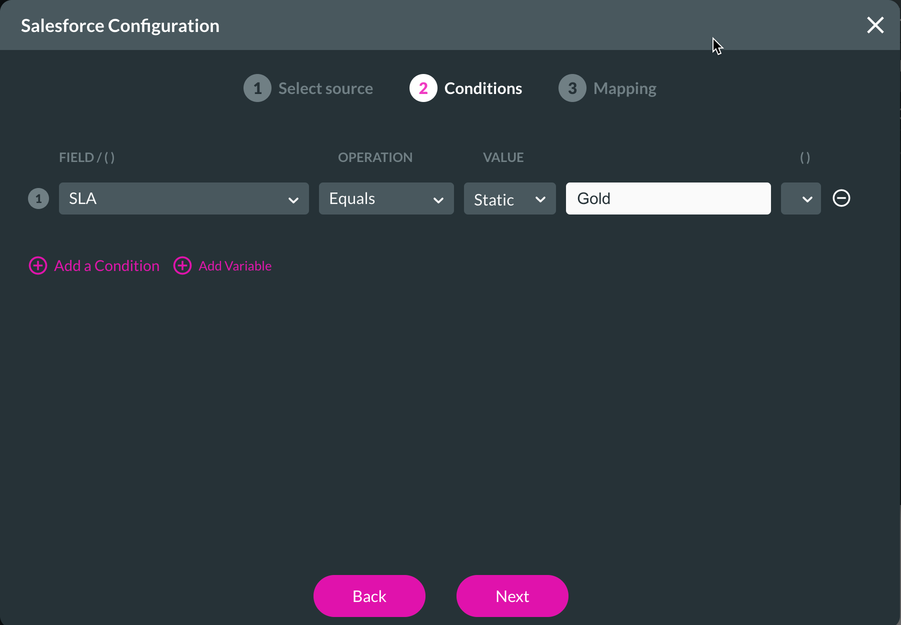 Screenshot of the Salesforce configuration window displaying the conditions step 