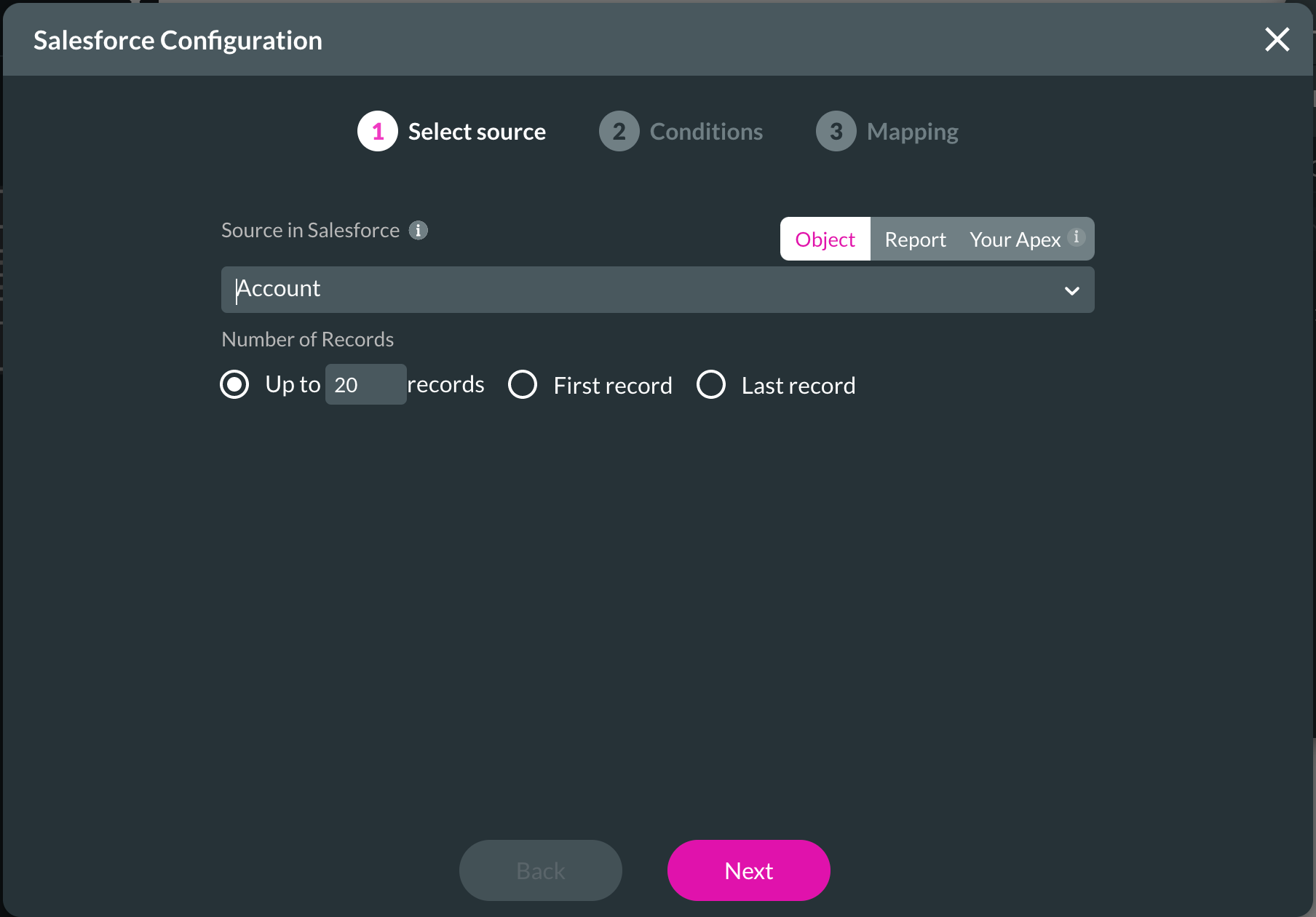 Screenshot of the Salesforce configuration window displaying the select source step 