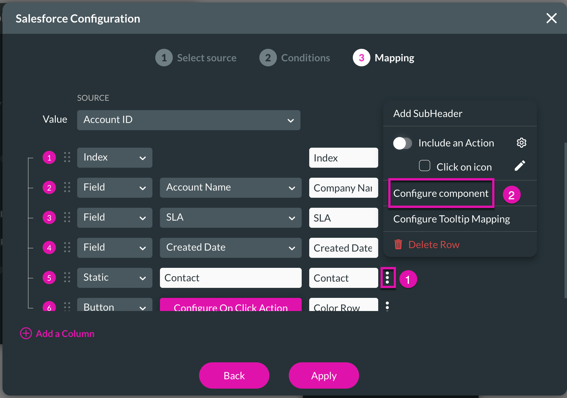 Screenshot of the salesforce configuration window displaying the mapping step showing how to configure component 