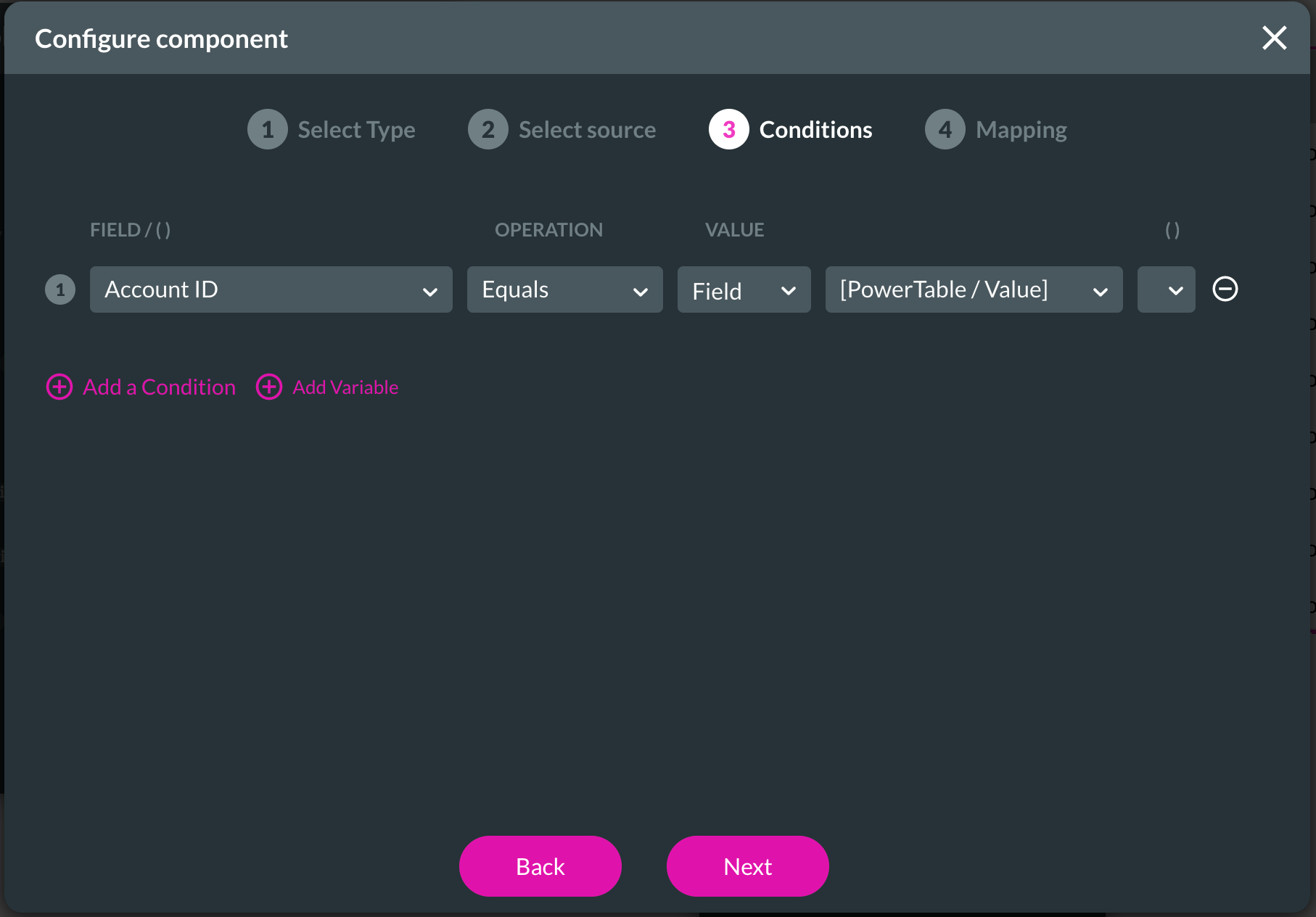 Screenshot of the Configure Component window displaying the Conditions tab 