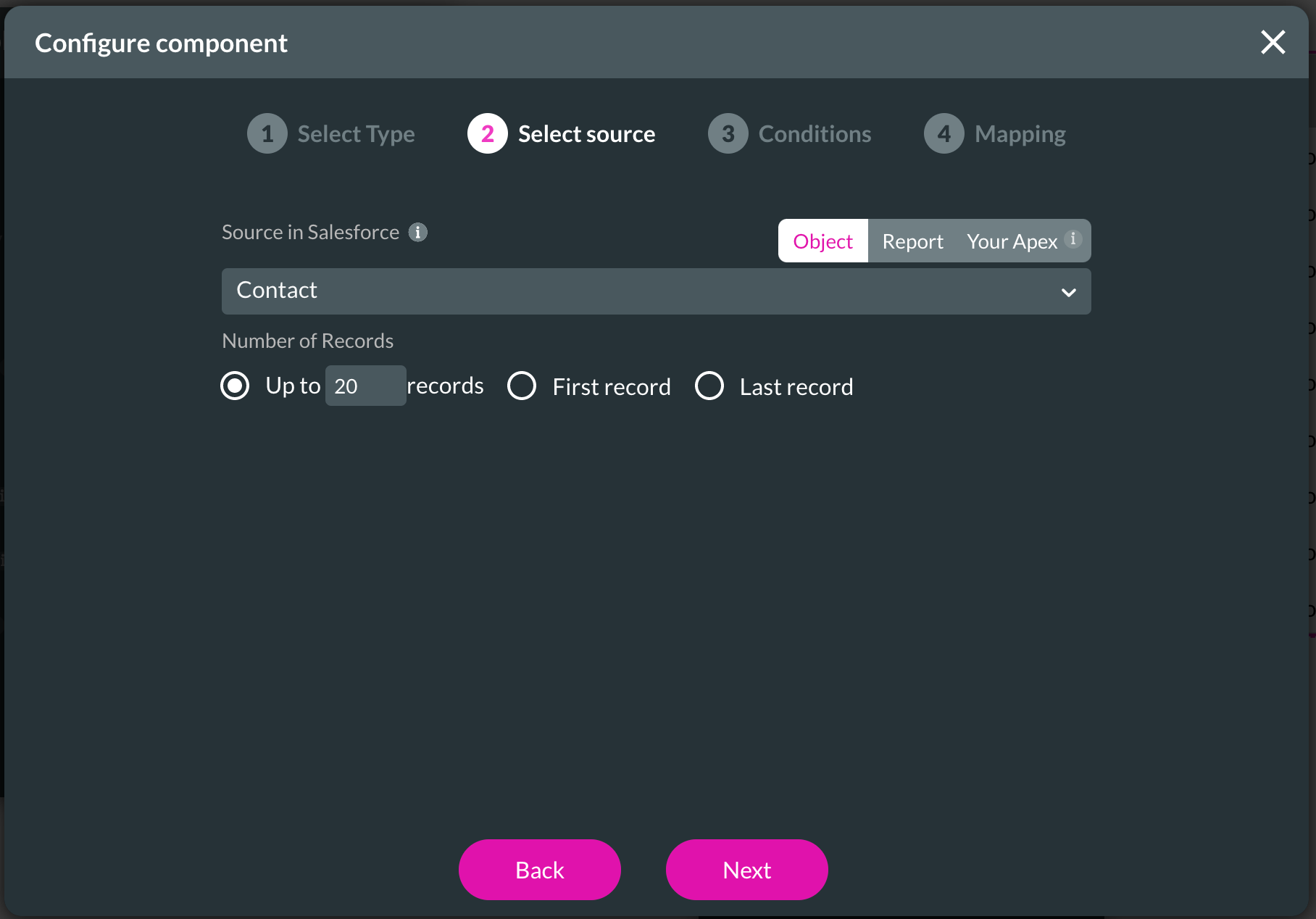 Screenshot of the Configure Component window displaying the Select Source step 