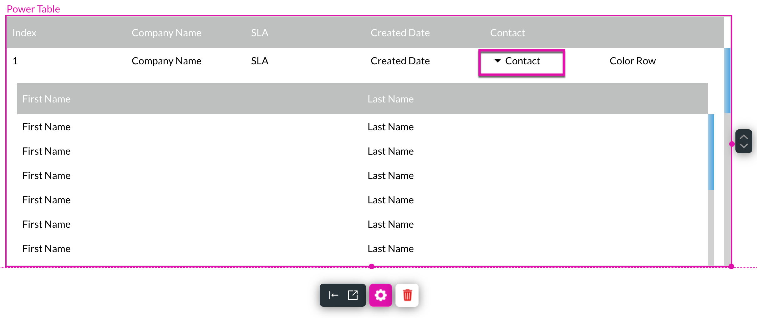 Screenshot of the example power table with the sub component  highlighted 